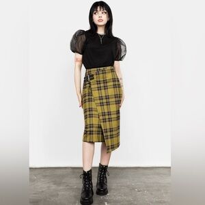 Disturbia / Albertine / Midi Kilt Yellow Black Tartan Skirt / Goth US Size 2